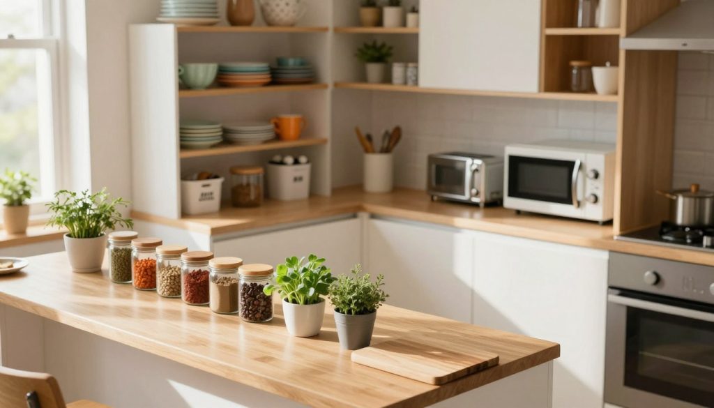 A cozy, minimalist tiny kitchen organized for maximum efficiency. In the foreground, a well-arranged countertop showcases neatly stacked jars filled with spices, fresh herbs in small pots, and a compact cutting board. The middle shows stylish, open shelving displaying colorful dishware and labeled storage bins for pantry items. In the background, appliances like a compact toaster and microwave are cleverly integrated into sleek cabinetry, embellished with light wood accents. Soft, natural light filters in through a small window, casting gentle shadows and creating a warm, inviting atmosphere. The angle is slightly elevated to capture the entirety of the space, emphasizing smart storage solutions and the charm of minimalism in small kitchen design.