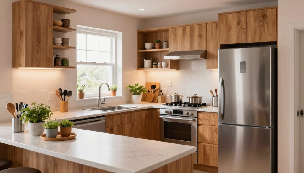 A cozy small U-shaped kitchen, designed for optimal efficiency with a focus on the kitchen work triangle. In the foreground, a sleek countertop is adorned with modern utensils and fresh herbs in stylish pots. The middle section features gleaming stainless steel appliances positioned strategically around the sink, stove, and refrigerator to enhance workflow. The walls are painted a soft pastel color, complemented by warm wood cabinetry with subtle lighting under the shelves that highlight space-saving solutions. In the background, a small window lets in natural light, illuminating the kitchen with a bright, inviting atmosphere. The scene conveys a sense of harmony and practicality, ideal for maximizing small kitchen space.