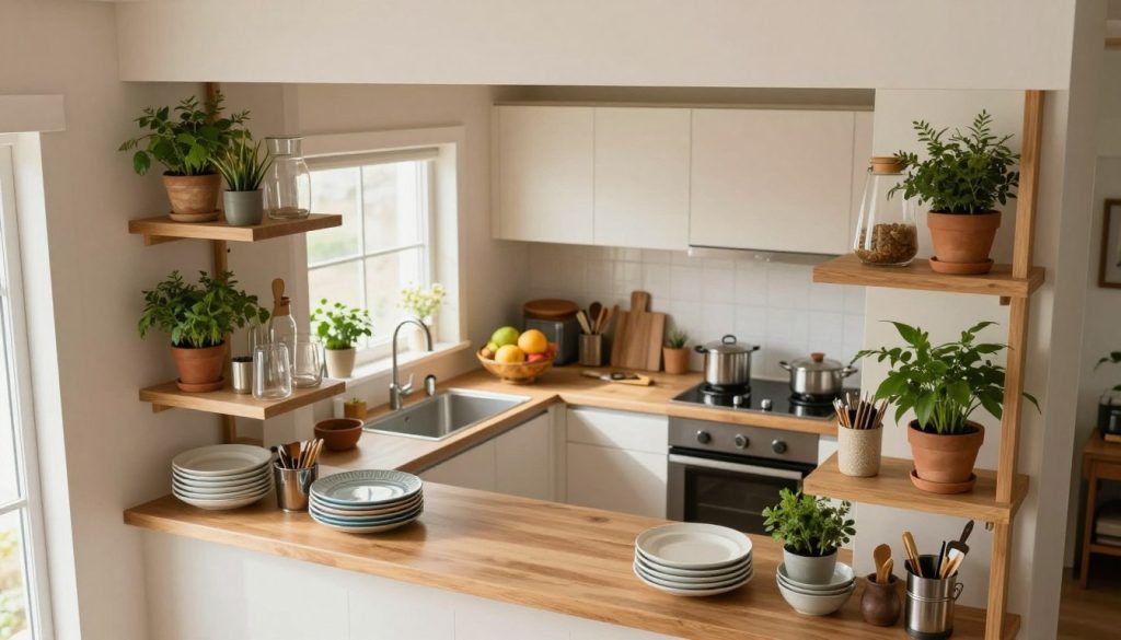 A cozy, small U-shaped kitchen featuring vertical space utilization and open shelving. In the foreground, neatly arranged plates and kitchen essentials on floating wooden shelves, displaying a mix of ceramic and glassware, with potted herbs adding a touch of greenery. The middle ground showcases a compact countertop with modern appliances and a stylish fruit bowl, complemented by minimalist cabinetry that extends upward to the ceiling, enhancing vertical space usage. In the background, soft natural light flows in from a nearby window, illuminating the space with a warm, inviting glow. The atmosphere is organized and efficient, emphasizing a harmonious blend of accessibility and style within the small kitchen. High-angle view, showcasing the layout and design.