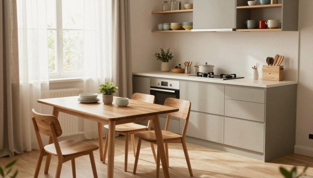 A cozy, small kitchen makeover featuring a modern, minimalist design. In the foreground, a compact wooden dining table with two stylish, space-saving chairs, complemented by neat dishware and a small potted plant. The middle ground showcases a sleek kitchen island with an integrated stove and minimalist cabinetry in muted tones, accented by bright, open shelving displaying colorful kitchenware. In the background, natural light floods the space through a window adorned with simple, airy curtains, illuminating the clean lines and neutral color palette of the room. The scene conveys an inviting and functional atmosphere, ideal for maximizing space in a budget-friendly way. Soft, warm lighting enhances the cozy feel, with a slightly elevated angle to capture the kitchen's layout effectively.