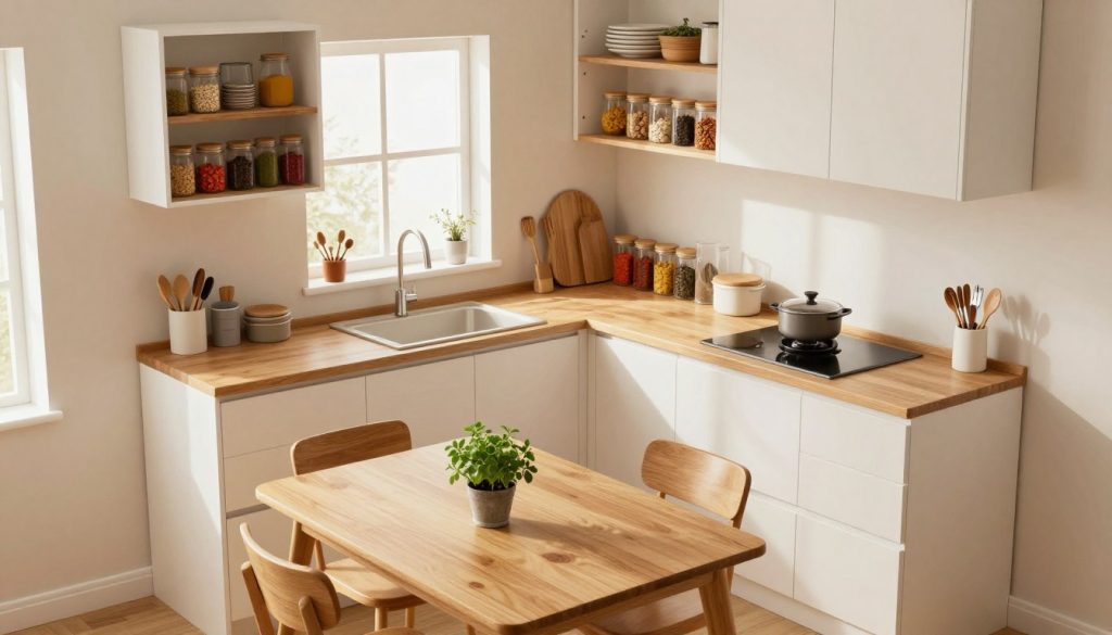 A cozy, tiny kitchen showcasing efficient organization and minimalist design. In the foreground, a compact wooden dining table with two sleek chairs, adorned with a small potted herb for a touch of greenery. The middle ground features an L-shaped countertop, neatly arranged with essential kitchen tools and storage containers. Open shelves display an array of colorful spices in clear jars, harmonizing with the surrounding soft white cabinets. In the background, a small window lets in warm, natural light, highlighting the warmth of the wood accents. The overall atmosphere is inviting and orderly, evoking a sense of simplicity and functionality. The angle is slightly elevated, capturing the layout from a corner, emphasizing the kitchen's efficient use of space.