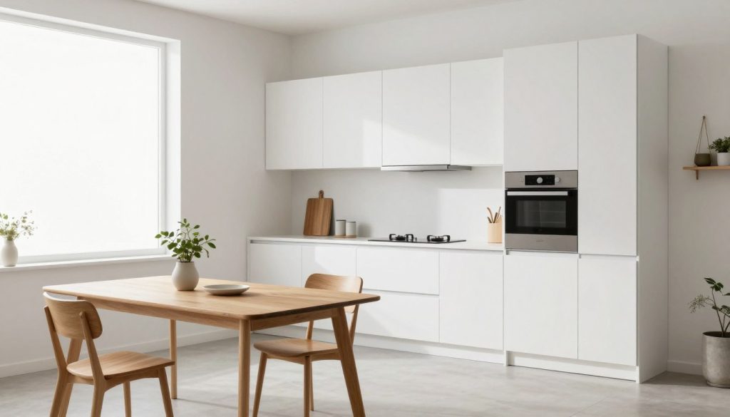 A minimalist small kitchen featuring sleek, white cabinetry and an integrated countertop with a cutting board. In the foreground, a simple wooden dining table with two stylish chairs, adorned with a small plant for a touch of greenery. The middle ground showcases the kitchen area, with a smooth, open layout highlighting compact appliances and smart storage solutions. Light pours in from a large window, creating a bright and airy atmosphere. The background captures subtle decorative elements like hanging pots and minimalist shelving. Shot with a wide-angle lens to emphasize space and organization, the overall mood is serene and uncluttered, embodying the philosophy of minimalism in functional design.