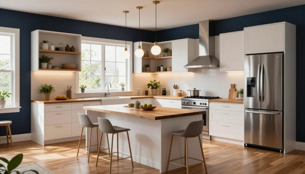 A modern U-shaped kitchen design featuring open shelving, LED under-cabinet lighting, and sleek stainless steel appliances. The foreground showcases a stylish kitchen island with a wooden countertop, surrounded by minimalist bar stools. In the middle, bright white cabinetry contrasts with deep navy walls, creating a striking visual effect. Large windows allow natural light to flood the space, highlighting the warm tones of the wooden flooring. The background includes decorative plants and a series of pendant lights hanging gracefully above the island, enhancing the ambiance. The scene is shot from a slightly elevated angle to emphasize spatial depth, giving a sense of airiness and expansion. The overall mood is inviting and contemporary, ideal for small kitchen ideas focused on maximizing visual space.