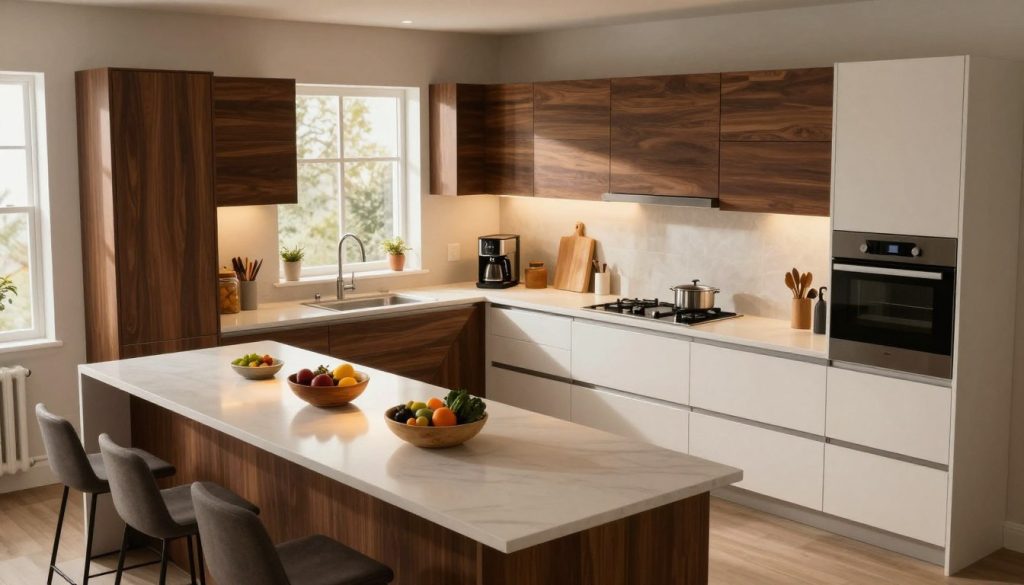 A modern U-shaped kitchen, designed for functionality, showcasing elegant countertop extensions on one side. In the foreground, a sleek kitchen island with integrated seating, adorned with ambient lighting, and decorative bowls of fresh produce. The middle section reveals ample cabinetry with a combination of dark wood and white finishes, harmoniously integrating appliances into the design. The polished countertops are clutter-free with a stylish coffee maker and cutting board. In the background, a window allows warm natural light to flood the space, creating an inviting atmosphere. Capture this scene from a slightly elevated angle, emphasizing the connectivity of the kitchen elements while maintaining a cozy and efficient feel.