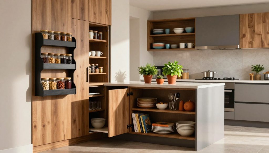 A modern U-shaped kitchen featuring innovative small storage solutions, showcasing clever use of vertical space. In the foreground, a stylish wall-mounted spice rack with neatly organized jars and a compact, pull-out pantry hidden within cabinetry. The middle space highlights a sleek island with integrated shelving for cookbooks and utensils, accented by vibrant potted herbs. Light pours in from above, emphasizing a warm and inviting atmosphere, with soft shadows enhancing the textures of wooden and stainless steel surfaces. The background reveals a well-organized open shelf system, artfully displaying colorful dishware. The kitchen is arranged with a tidy, minimalist aesthetic, evoking a sense of efficiency and comfort in a small space. The overall mood conveys creativity and practicality in modern design.