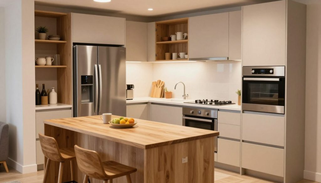 A modern U-shaped kitchenette designed for small spaces, featuring sleek cabinetry and integrated appliances. In the foreground, a compact yet functional kitchen island with bar stools, utilizing bright, natural wood tones. In the middle, state-of-the-art appliances like a space-saving refrigerator and an under-counter oven, all stainless steel, harmoniously arranged to maximize efficiency. The background showcases smart storage solutions, including open shelving and pull-out drawers. Soft, warm lighting creates an inviting atmosphere, and the lens captures the scene from a slightly elevated angle, emphasizing the kitchen's layout. The overall mood is cozy and practical, reflecting innovative design for tight quarters, free of any text or external distractions.