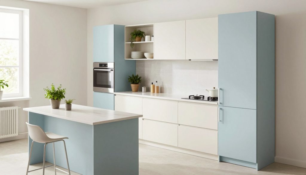 A modern compact kitchen design showcasing a minimalist aesthetic, featuring sleek cabinetry in soft pastel colors, such as light blue and creamy white to enhance the sense of space. The foreground includes a small, stylish island with a minimalist bar stool, accented by fresh potted herbs. In the middle, a wall-mounted shelving unit displays elegant dishware and potted plants, while the countertop is clear and uncluttered for a tidy appearance. The background is a seamless blend of light-colored tiles and large windows allowing natural light to flood the space, creating an airy atmosphere. Shot from a slight overhead angle with soft, diffused lighting to emphasize the open, inviting mood of the kitchen, highlighting the harmony of colors that visually expand the area.