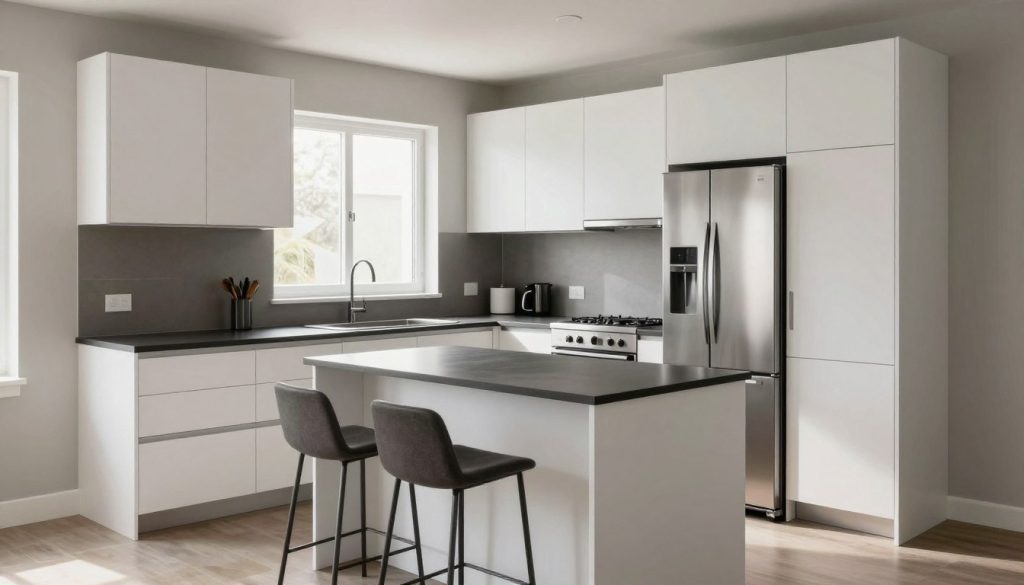 A modern small kitchen featuring sleek, minimalist cabinetry choices. In the foreground, elegant white cabinets with matte finish and integrated handles, complemented by a contrasting dark countertop. A stylish kitchen island with a functional design sits in the center, surrounded by tall bar stools. In the middle ground, an open layout presents stainless steel appliances, including a compact fridge and induction cooktop, seamlessly blending functionality with style. The background showcases soft, natural light pouring in through a small window, highlighting the kitchen's efficient use of space. The atmosphere is calm and inviting, with a touch of sophistication. The lens captures the scene from a slightly elevated angle, emphasizing the layout and organization of cabinetry in this contemporary small kitchen.