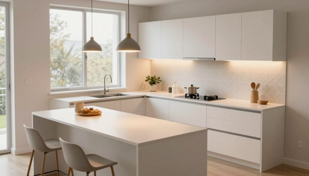 A modern small kitchen showcasing innovative lighting techniques. In the foreground, a sleek kitchen island with minimalist bar stools, accented with warm pendant lights that create a cozy atmosphere. The middle ground features clean white cabinetry, a compact yet stylish stove, and a beautiful backsplash with subtle geometric patterns. Large windows in the background allow natural light to flood the space, enhancing the serene vibe. The countertops are uncluttered, adorned only with a few elegant kitchen accessories, emphasizing the minimalist style. The mood is bright and inviting, capturing a blend of functionality and aesthetic appeal, with a focus on maximizing space through smart design and lighting choices. The angle is slightly elevated for a clear view of the kitchen dynamics.
