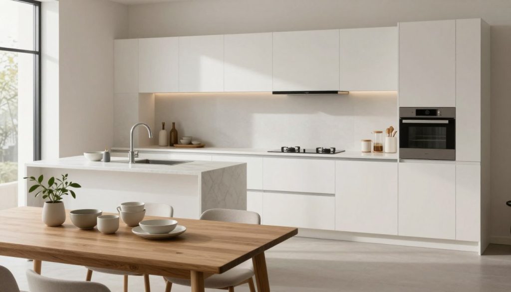 A serene minimalist kitchen decor featuring an open layout with sleek, white cabinetry and a seamless marble countertop. In the foreground, a small, uncluttered wooden dining table is set with simple ceramic dishware and a single green plant for a touch of nature. In the middle ground, a compact kitchen island includes a built-in sink and modern appliances, all in neutral tones to enhance the spacious feel. Soft, natural lighting filters in through a large window, casting gentle shadows, while clean lines and a cohesive color palette create a harmonious atmosphere. The background showcases organized shelves displaying select kitchen essentials, reinforcing the theme of functionality in a minimalist design. The scene embodies tranquility and efficiency, ideal for small living spaces.
