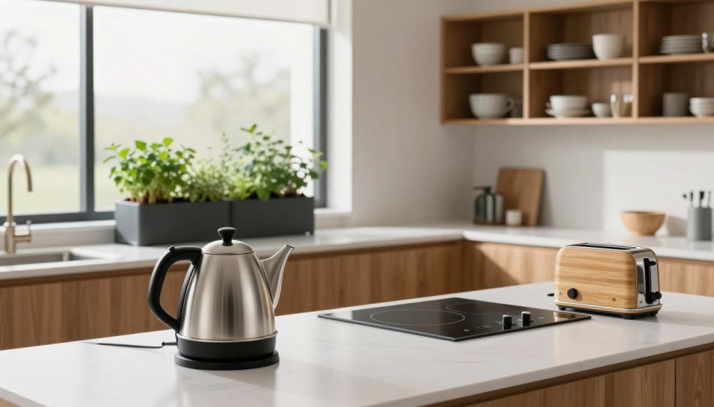 A sleek, minimalist kitchen featuring elegant and sustainable appliances. In the foreground, highlight a modern, streamlined electric kettle in brushed stainless steel and a compact bamboo toaster on a clean white countertop. The middle ground showcases a wall-mounted herb garden, emphasizing eco-friendly living, alongside a minimalist induction cooktop. In the background, large windows allow soft, natural light to pour in, illuminating the warm wood cabinetry and open shelving displaying eco-conscious dishware. Use a wide-angle lens to capture the harmonious blend of functionality and style, creating a calm and inviting atmosphere. Focus on clean lines and soft shadows, evoking a sense of simplicity and sustainability in compact living spaces.