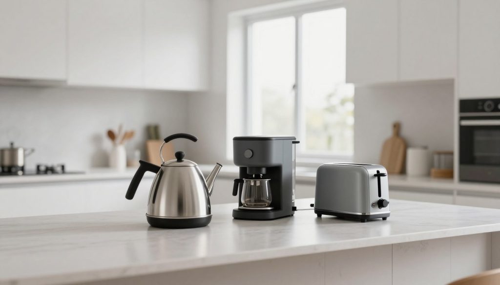 A sleek, modern minimalist kitchen featuring a set of essential kitchen appliances with clean lines and an uncluttered design. In the foreground, prominently display a stainless steel kettle, a compact coffee maker, and a stylish toaster, all with a matte finish. The middle ground features a smooth countertop and backsplash with subtle textures to add depth. In the background, soft natural light filters through a large window, illuminating the space and creating an inviting atmosphere. The room has white cabinetry and light wood accents, evoking a sense of tranquility. Capture the image with a slightly elevated angle to emphasize the harmony of the appliances within the minimalist setting, evoking efficiency and functionality.