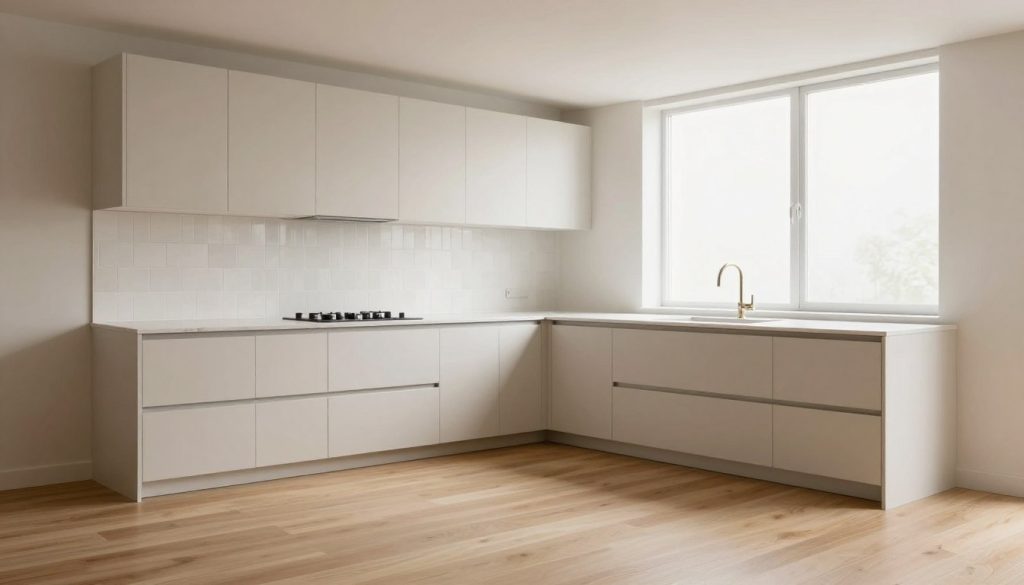 A spacious minimalist kitchen featuring sleek cabinetry and a clean, uncluttered layout. The foreground includes natural wood flooring that complements the soft, muted tones of the decor. In the middle, there's a striking white backsplash with geometric tile patterns, contrasting against smooth quartz countertops. A modern sink with a brushed nickel faucet adds functionality without detracting from the minimalist aesthetic. The background showcases large windows that allow natural light to flood the space, highlighting the simplicity and elegance of the surroundings. Capture the scene from a slightly elevated angle to enhance depth, using soft, warm lighting to evoke a welcoming atmosphere. The overall mood is serene and inviting, ideal for maximizing small kitchen spaces while adhering to minimalist design principles.