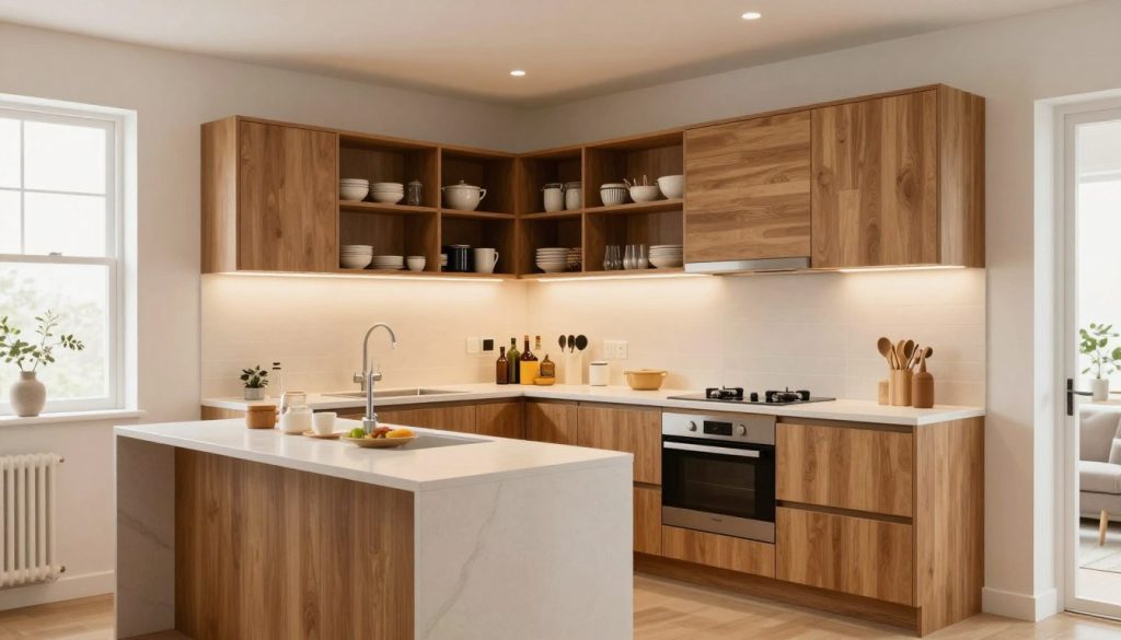 A stylish, U-shaped small kitchen that maximizes limited space, featuring innovative cabinetry solutions. In the foreground, a sleek, modern kitchen island is equipped with multi-functional storage and a minimalist breakfast counter. The middle section showcases cabinetry that extends to the ceiling, filled with neatly organized dishware and cooking essentials, the wood finish enhancing warmth. The walls sport a bright, airy color palette, complemented by under-cabinet lighting that casts a cozy glow. In the background, a window allows natural light to flood the space, highlighting the clever use of vertical space. Overall, the atmosphere is inviting and practical, ideal for compact living. Use a wide-angle lens to capture the full depth and layout, with soft lighting that creates a peaceful ambiance.