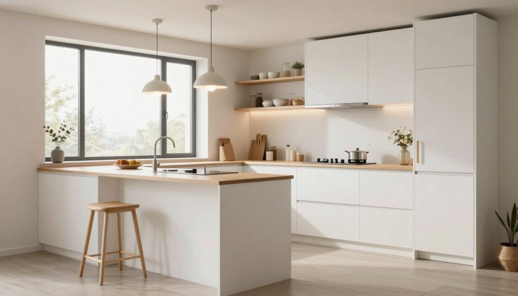 A stylish, modern compact kitchen design featuring an efficient layout that maximizes space. The foreground presents sleek cabinetry in soft white with minimalist handles, creating a clean aesthetic. In the middle, an island with a built-in stove and seating area ensures multifunctionality, complemented by elegant pendant lighting that casts a warm glow. The background reveals wall-mounted shelves filled with organized kitchen essentials, promoting a clutter-free environment. Large windows allow natural light to flood in, enhancing the bright atmosphere. The scene captures the essence of a minimalist approach with a harmonious blend of functionality and style, evoking a serene and inviting mood perfect for a compact living space.