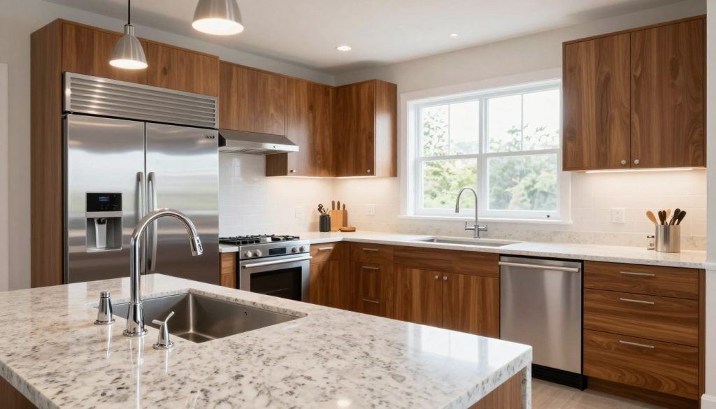A stylish modern kitchen featuring a U-shaped layout, designed to maximize space with sleek cabinetry and contemporary hardware. In the foreground, showcase polished chrome handles and elegant faucet designs atop a minimalist granite countertop. The middle ground highlights a seamless blend of high-end appliances, such as a stainless steel refrigerator and a built-in oven, all surrounded by warm wooden accents and soft-close drawers. In the background, large windows allow natural light to illuminate the space, enhancing the clean, airy atmosphere. Soft pendant lighting overhead adds a touch of sophistication. The mood is inviting and functional, perfect for cooking and entertaining. Use a wide-angle lens to capture the full essence of this modern kitchen, emphasizing the balance between aesthetics and practicality.