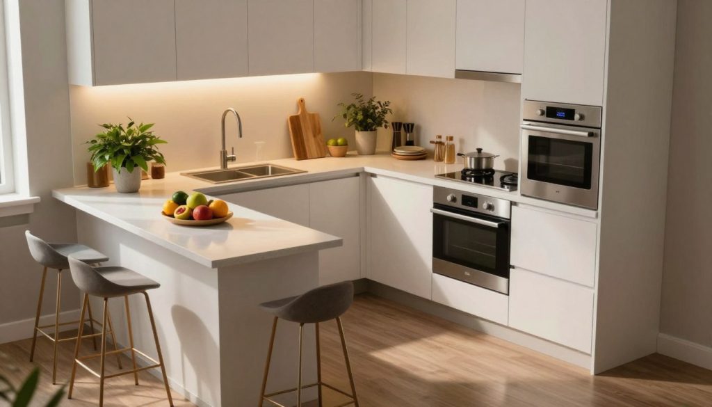 A well-designed U-shaped small kitchen, showcasing modern appliances and stylish cabinetry, occupies the foreground. The kitchen features sleek white cabinets, stainless steel fixtures, and a compact dining nook with two stylish stools. In the middle ground, there are fresh fruits on the counter, a cutting board, and a vibrant green plant, enhancing the inviting atmosphere. In the background, warm light spills in from a nearby window, accentuating the subtle shadows and creating a cozy ambiance. The viewpoint is from a slightly elevated angle, emphasizing the practicality and efficiency of the layout. The overall mood conveys modern elegance, ideal for maximizing space, with soft but rich colors that evoke a welcoming environment.